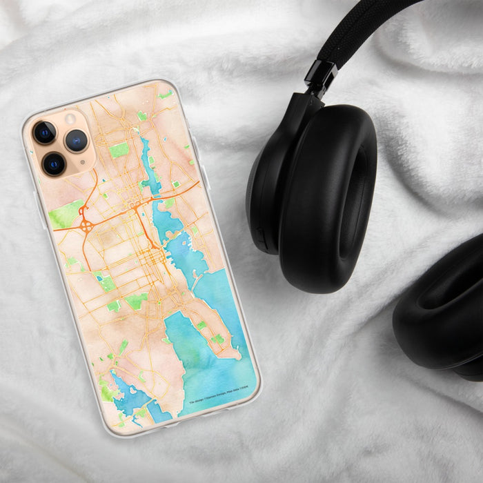 Custom New Bedford Massachusetts Map Phone Case in Watercolor on Table with Black Headphones
