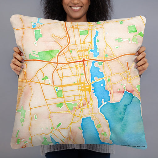 Person holding 22x22 Custom New Bedford Massachusetts Map Throw Pillow in Watercolor