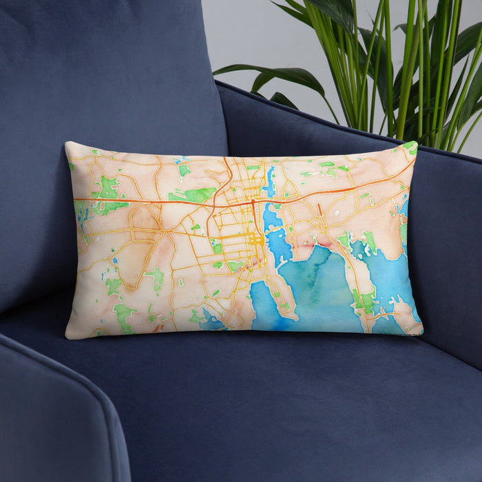 Custom New Bedford Massachusetts Map Throw Pillow in Watercolor on Blue Colored Chair