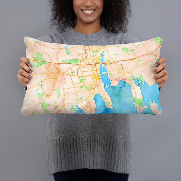 Person holding 20x12 Custom New Bedford Massachusetts Map Throw Pillow in Watercolor