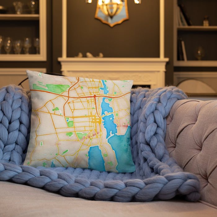 Custom New Bedford Massachusetts Map Throw Pillow in Watercolor on Cream Colored Couch