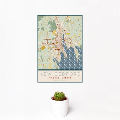12x18 New Bedford Massachusetts Map Print Portrait Orientation in Woodblock Style With Small Cactus Plant in White Planter