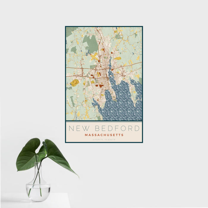 16x24 New Bedford Massachusetts Map Print Portrait Orientation in Woodblock Style With Tropical Plant Leaves in Water