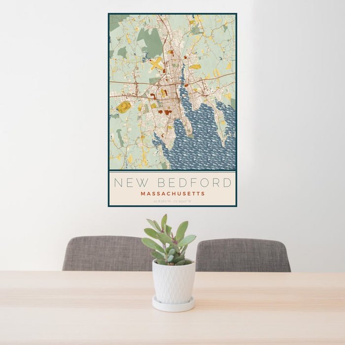 24x36 New Bedford Massachusetts Map Print Portrait Orientation in Woodblock Style Behind 2 Chairs Table and Potted Plant