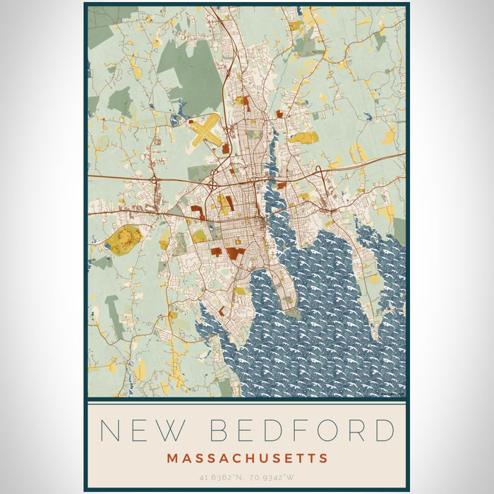 New Bedford Massachusetts Map Print Portrait Orientation in Woodblock Style With Shaded Background