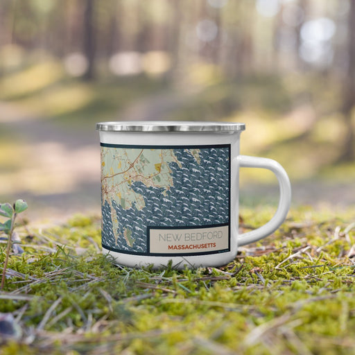 Right View Custom New Bedford Massachusetts Map Enamel Mug in Woodblock on Grass With Trees in Background