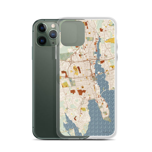 Custom New Bedford Massachusetts Map Phone Case in Woodblock on Table with Laptop and Plant