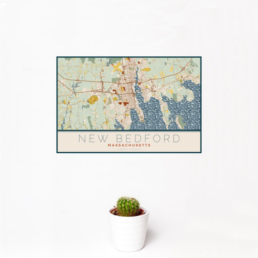 12x18 New Bedford Massachusetts Map Print Landscape Orientation in Woodblock Style With Small Cactus Plant in White Planter