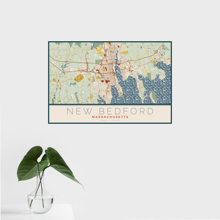 16x24 New Bedford Massachusetts Map Print Landscape Orientation in Woodblock Style With Tropical Plant Leaves in Water