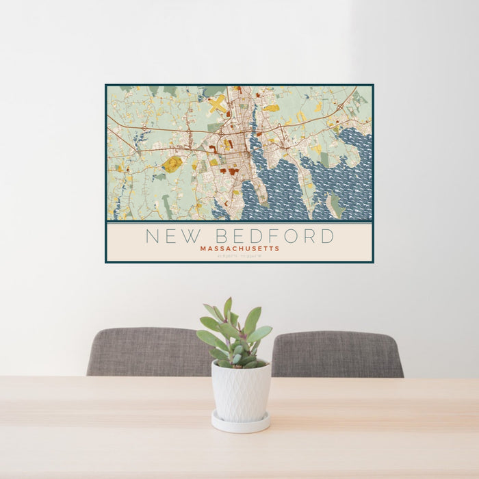 24x36 New Bedford Massachusetts Map Print Landscape Orientation in Woodblock Style Behind 2 Chairs Table and Potted Plant