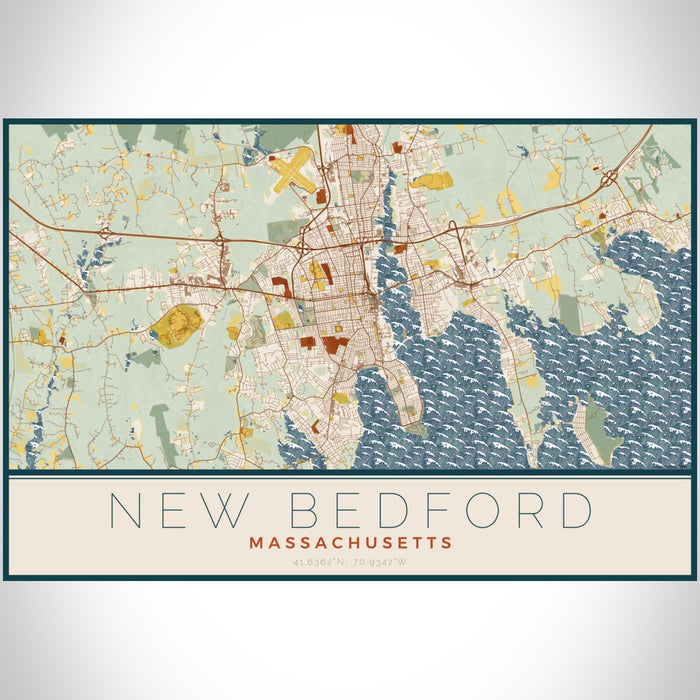 New Bedford Massachusetts Map Print Landscape Orientation in Woodblock Style With Shaded Background