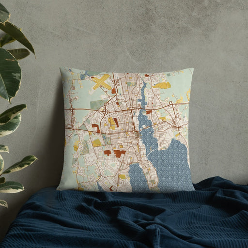 Custom New Bedford Massachusetts Map Throw Pillow in Woodblock on Bedding Against Wall