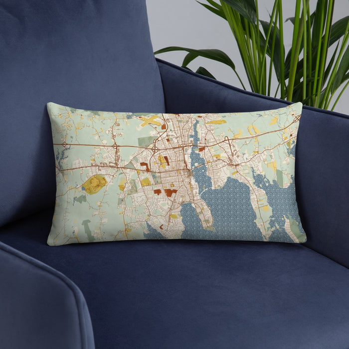 Custom New Bedford Massachusetts Map Throw Pillow in Woodblock on Blue Colored Chair
