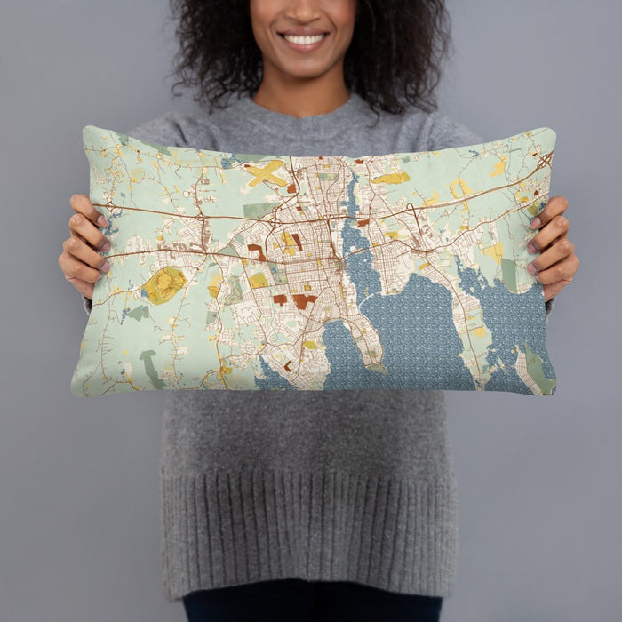 Person holding 20x12 Custom New Bedford Massachusetts Map Throw Pillow in Woodblock
