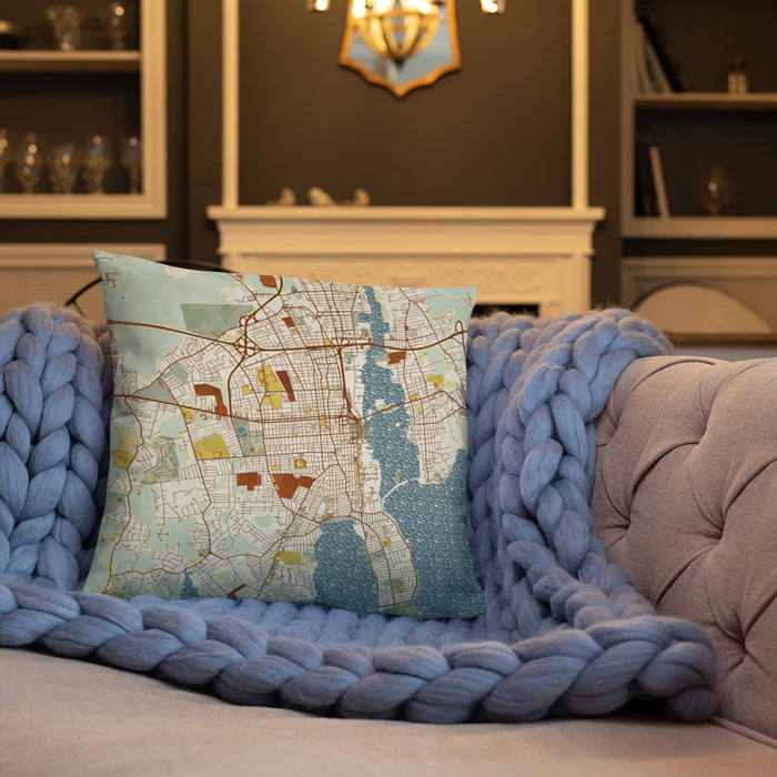 Custom New Bedford Massachusetts Map Throw Pillow in Woodblock on Cream Colored Couch