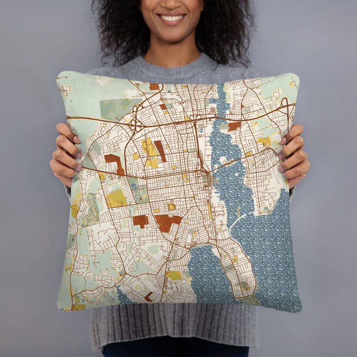 Person holding 18x18 Custom New Bedford Massachusetts Map Throw Pillow in Woodblock