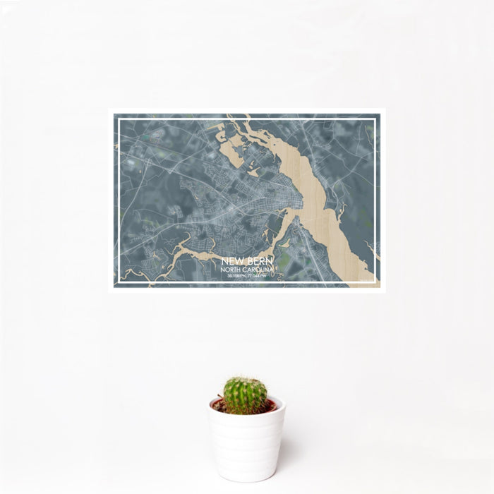 12x18 New Bern North Carolina Map Print Landscape Orientation in Afternoon Style With Small Cactus Plant in White Planter