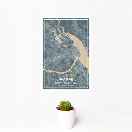 12x18 New Bern North Carolina Map Print Portrait Orientation in Afternoon Style With Small Cactus Plant in White Planter
