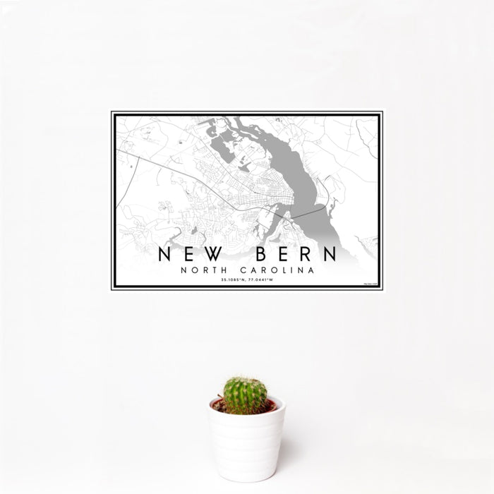 12x18 New Bern North Carolina Map Print Landscape Orientation in Classic Style With Small Cactus Plant in White Planter