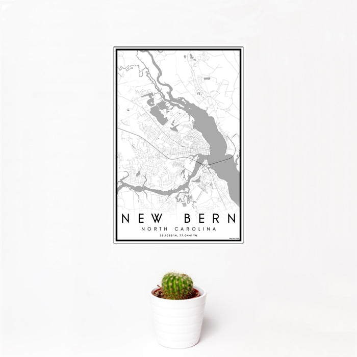 12x18 New Bern North Carolina Map Print Portrait Orientation in Classic Style With Small Cactus Plant in White Planter