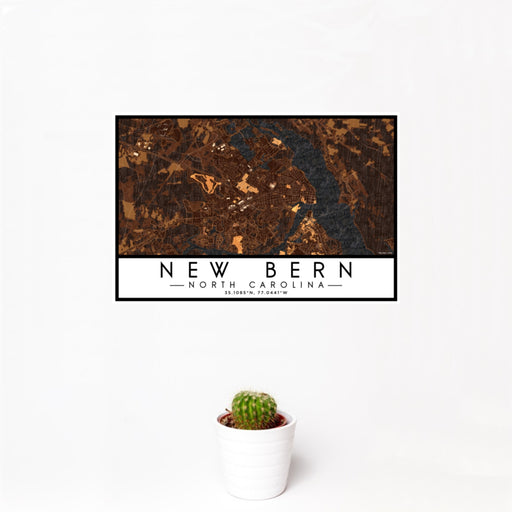 12x18 New Bern North Carolina Map Print Landscape Orientation in Ember Style With Small Cactus Plant in White Planter
