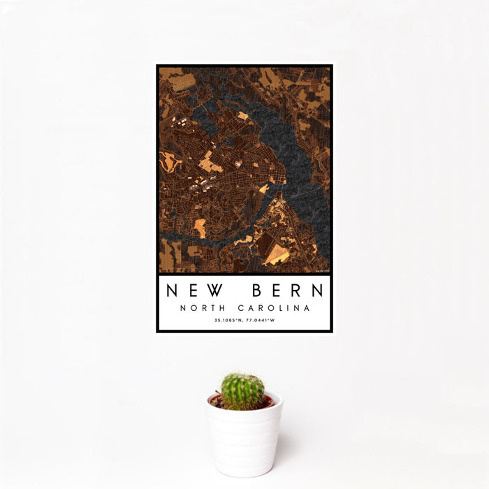 12x18 New Bern North Carolina Map Print Portrait Orientation in Ember Style With Small Cactus Plant in White Planter