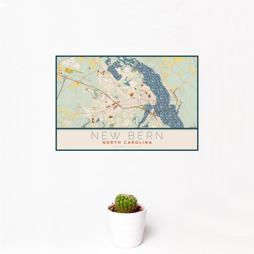 12x18 New Bern North Carolina Map Print Landscape Orientation in Woodblock Style With Small Cactus Plant in White Planter