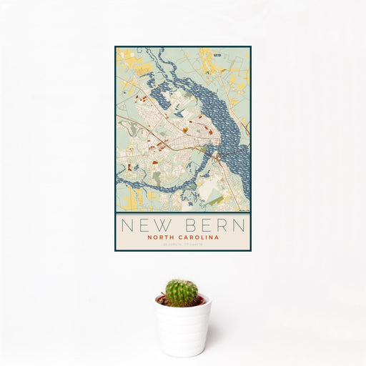 12x18 New Bern North Carolina Map Print Portrait Orientation in Woodblock Style With Small Cactus Plant in White Planter