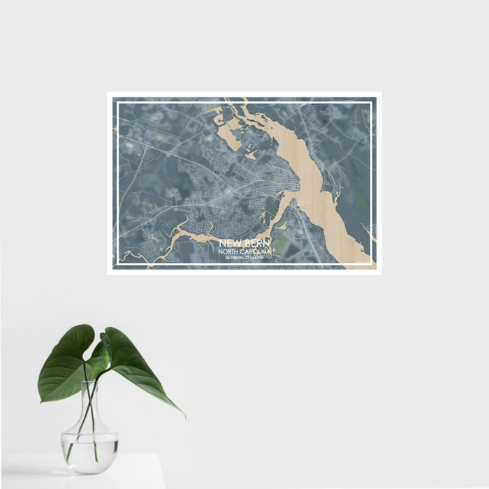 16x24 New Bern North Carolina Map Print Landscape Orientation in Afternoon Style With Tropical Plant Leaves in Water