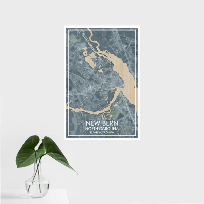 16x24 New Bern North Carolina Map Print Portrait Orientation in Afternoon Style With Tropical Plant Leaves in Water