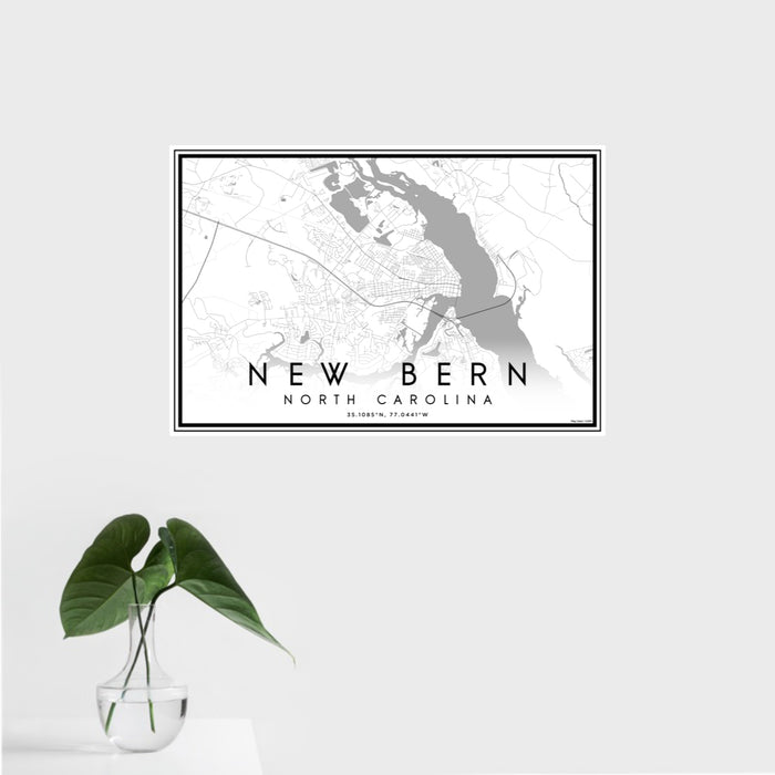 16x24 New Bern North Carolina Map Print Landscape Orientation in Classic Style With Tropical Plant Leaves in Water
