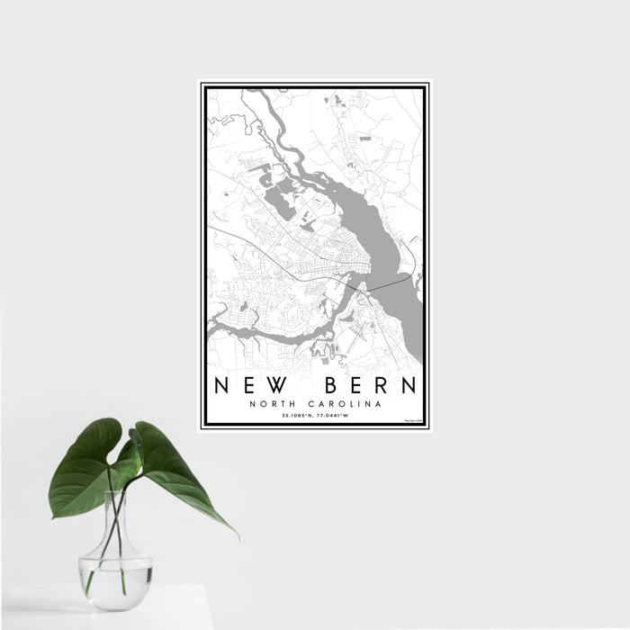 16x24 New Bern North Carolina Map Print Portrait Orientation in Classic Style With Tropical Plant Leaves in Water