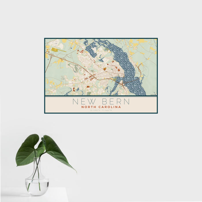 16x24 New Bern North Carolina Map Print Landscape Orientation in Woodblock Style With Tropical Plant Leaves in Water
