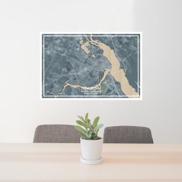 24x36 New Bern North Carolina Map Print Lanscape Orientation in Afternoon Style Behind 2 Chairs Table and Potted Plant