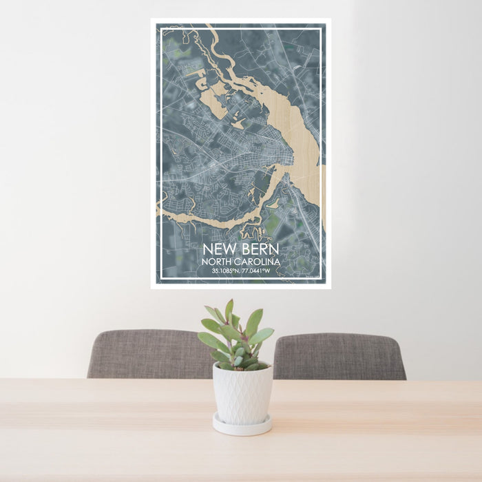 24x36 New Bern North Carolina Map Print Portrait Orientation in Afternoon Style Behind 2 Chairs Table and Potted Plant