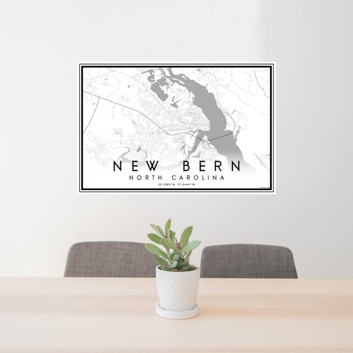 24x36 New Bern North Carolina Map Print Lanscape Orientation in Classic Style Behind 2 Chairs Table and Potted Plant