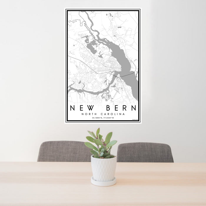 24x36 New Bern North Carolina Map Print Portrait Orientation in Classic Style Behind 2 Chairs Table and Potted Plant