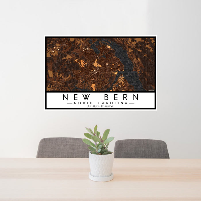 24x36 New Bern North Carolina Map Print Lanscape Orientation in Ember Style Behind 2 Chairs Table and Potted Plant