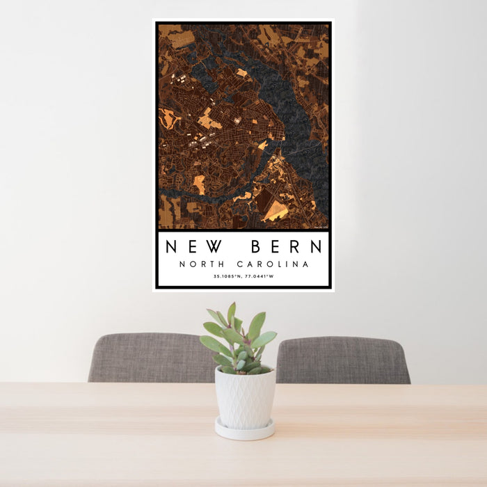 24x36 New Bern North Carolina Map Print Portrait Orientation in Ember Style Behind 2 Chairs Table and Potted Plant