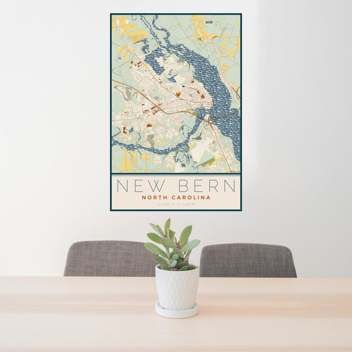 24x36 New Bern North Carolina Map Print Portrait Orientation in Woodblock Style Behind 2 Chairs Table and Potted Plant