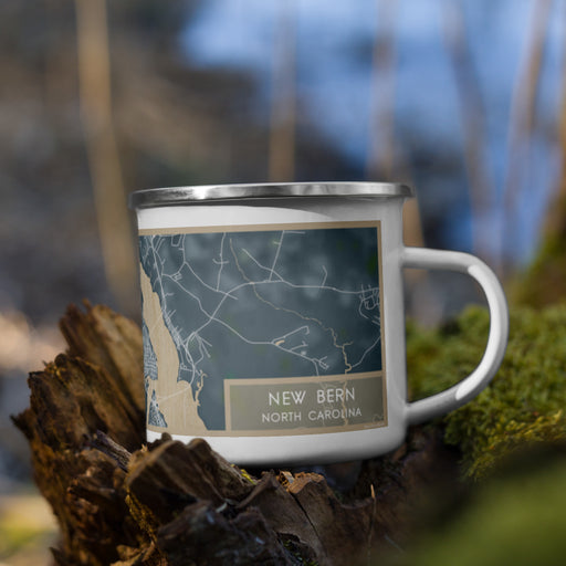 Right View Custom New Bern North Carolina Map Enamel Mug in Afternoon on Grass With Trees in Background