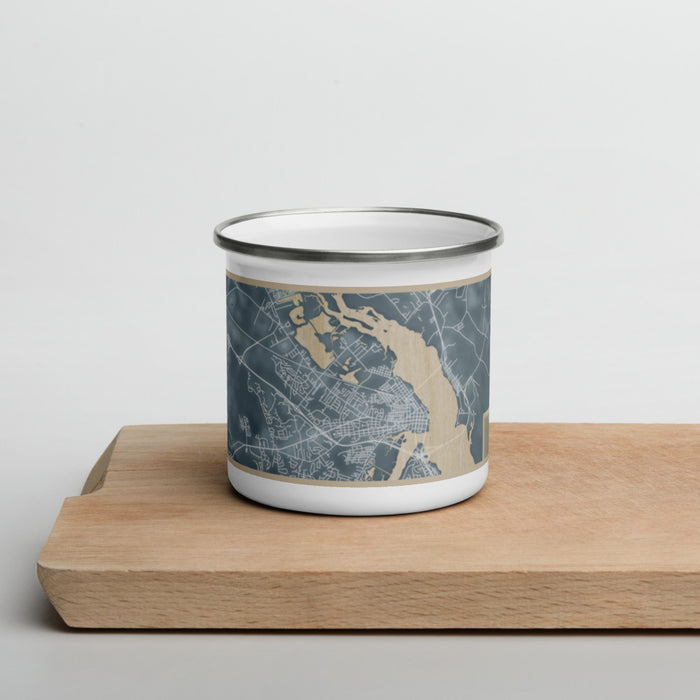 Front View Custom New Bern North Carolina Map Enamel Mug in Afternoon on Cutting Board