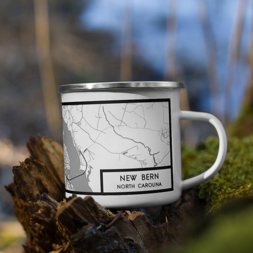 Right View Custom New Bern North Carolina Map Enamel Mug in Classic on Grass With Trees in Background