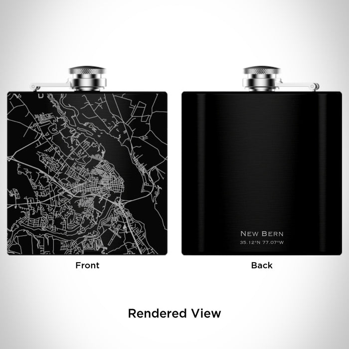 Rendered View of New Bern North Carolina Map Engraving on 6oz Stainless Steel Flask in Black