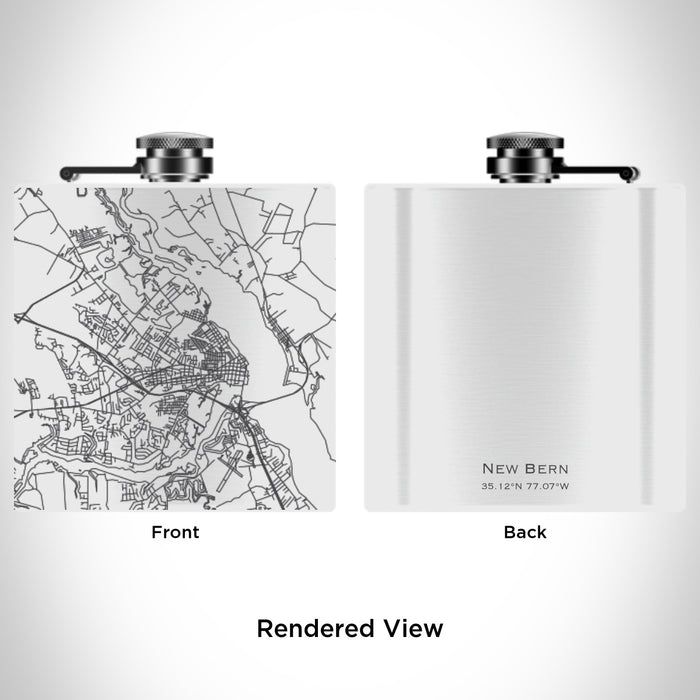Rendered View of New Bern North Carolina Map Engraving on 6oz Stainless Steel Flask in White