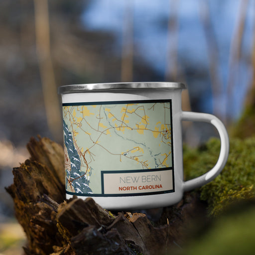 Right View Custom New Bern North Carolina Map Enamel Mug in Woodblock on Grass With Trees in Background