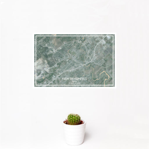 12x18 New Braunfels Texas Map Print Landscape Orientation in Afternoon Style With Small Cactus Plant in White Planter