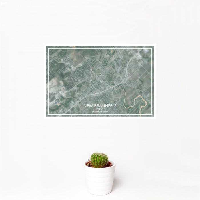 12x18 New Braunfels Texas Map Print Landscape Orientation in Afternoon Style With Small Cactus Plant in White Planter