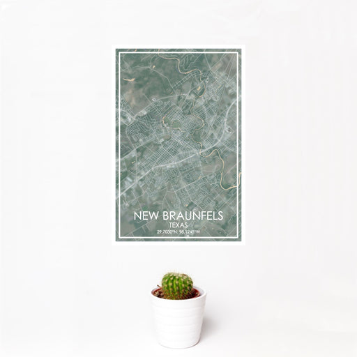 12x18 New Braunfels Texas Map Print Portrait Orientation in Afternoon Style With Small Cactus Plant in White Planter