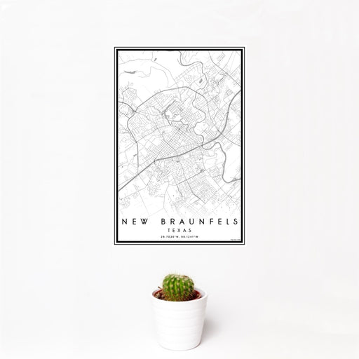 12x18 New Braunfels Texas Map Print Portrait Orientation in Classic Style With Small Cactus Plant in White Planter